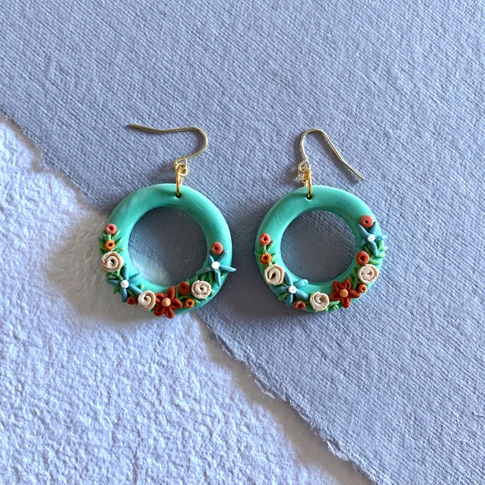 Turquoise Circle Hoop Earrings w/ Sculpted Flowers